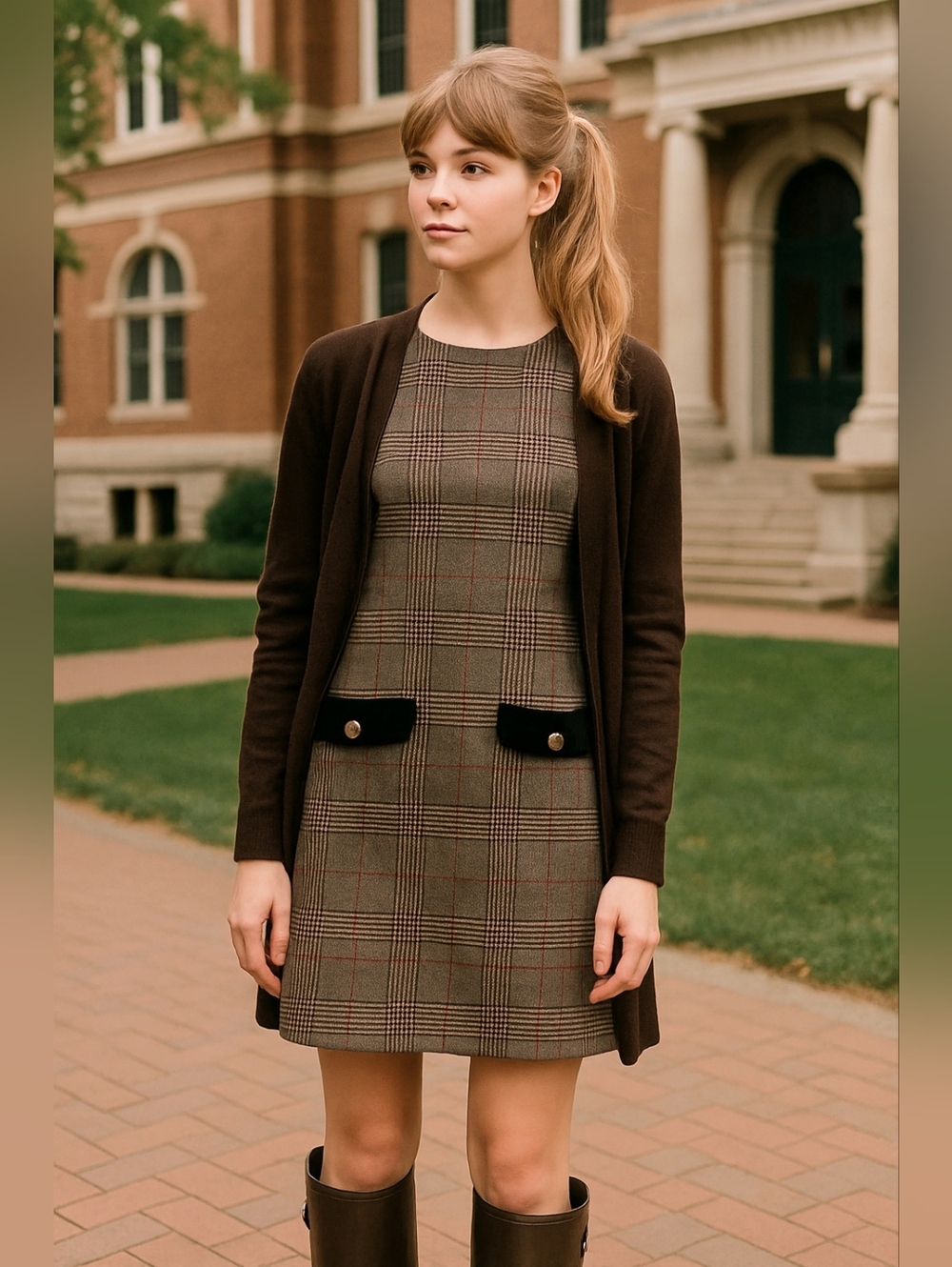 Tommy Hilfiger Brown, Black & Rust Glen Plaid Sleeveless Shift Dress Academia M